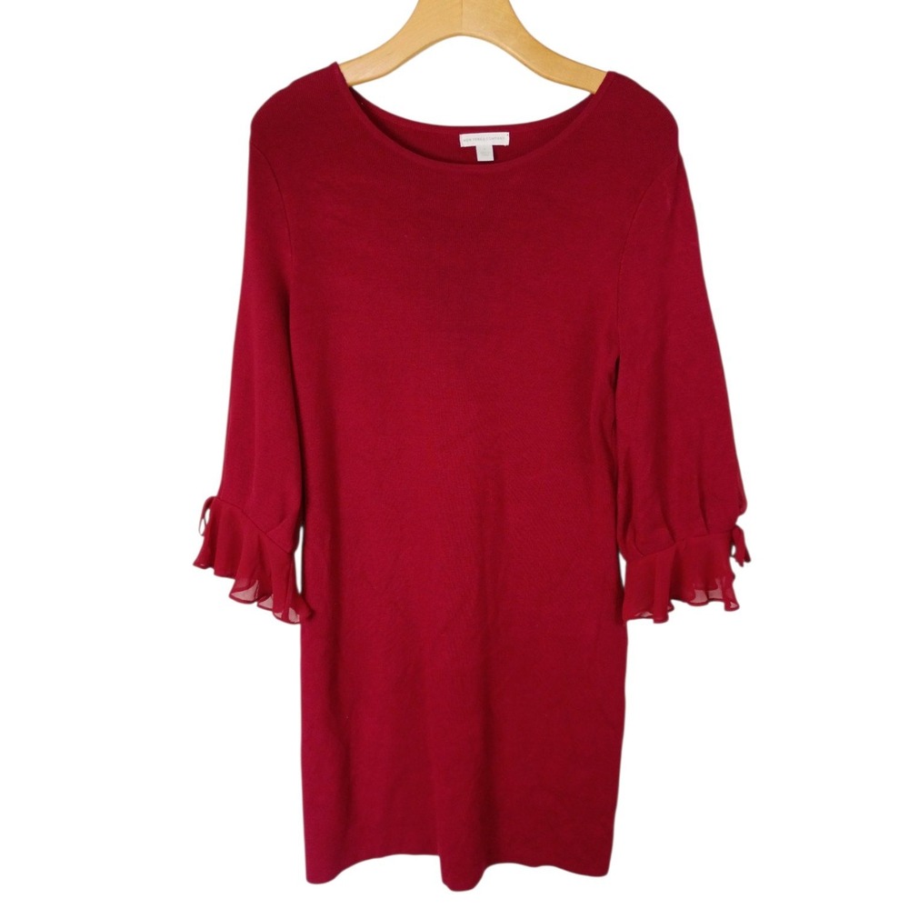 New York & Company Red Knit Sweater Dress Ruffle Chiffon Tie Sleeve Small